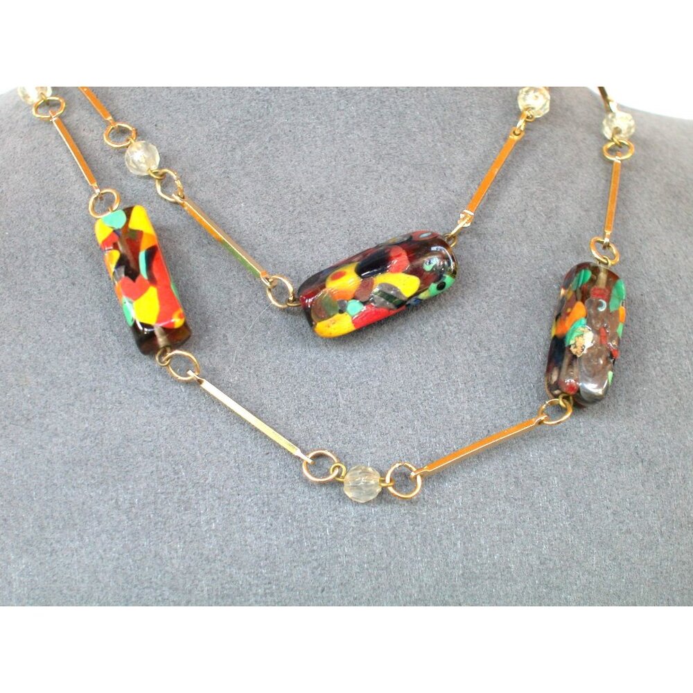 Colorful Multicolor Murano Glass Bead Necklace With Gold-Tone Chain 28 inches